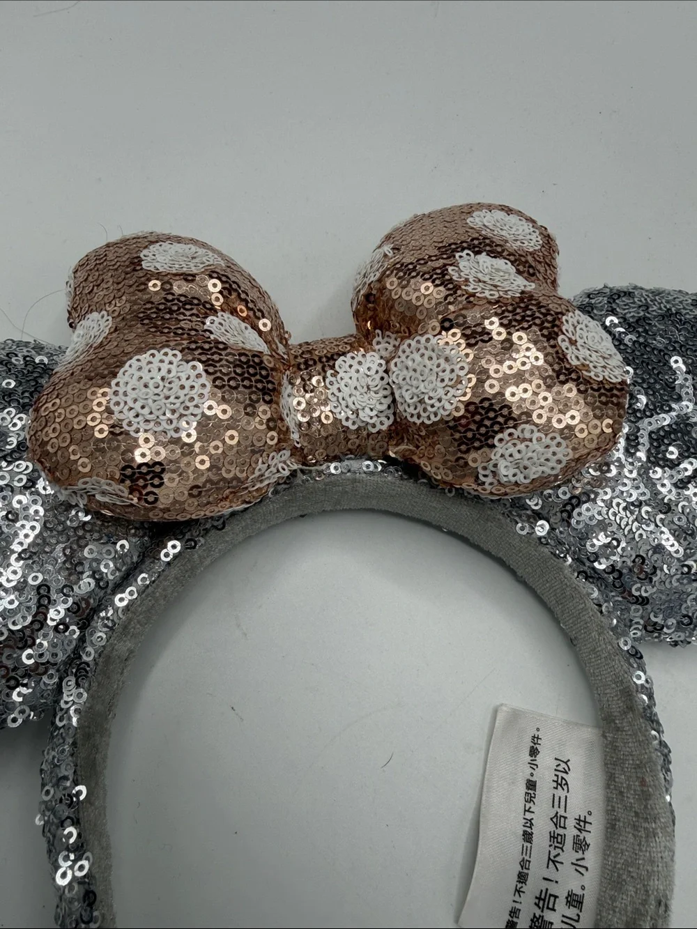 Disney Silver Sequin Mouse Ear Headband with Rose Gold Polka Dot Bow